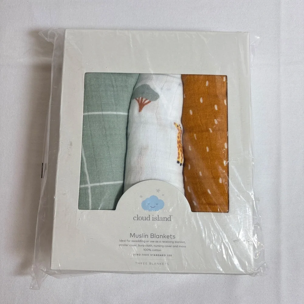 Cloud Island Muslin Blankets 3pk 47x47 Multi NEW Cotton Swaddle Giraffe zebra